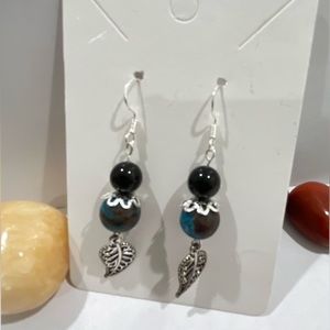 Silver Blue Jasper Semi-precious Stone Bead Dangle Hook Earrings leaf
